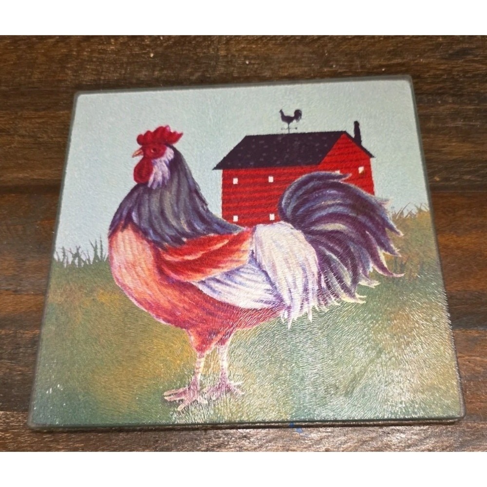 Vintage Farmhouse Rooster Glass Cutting Board Trivet Red Barn Country Kitchen